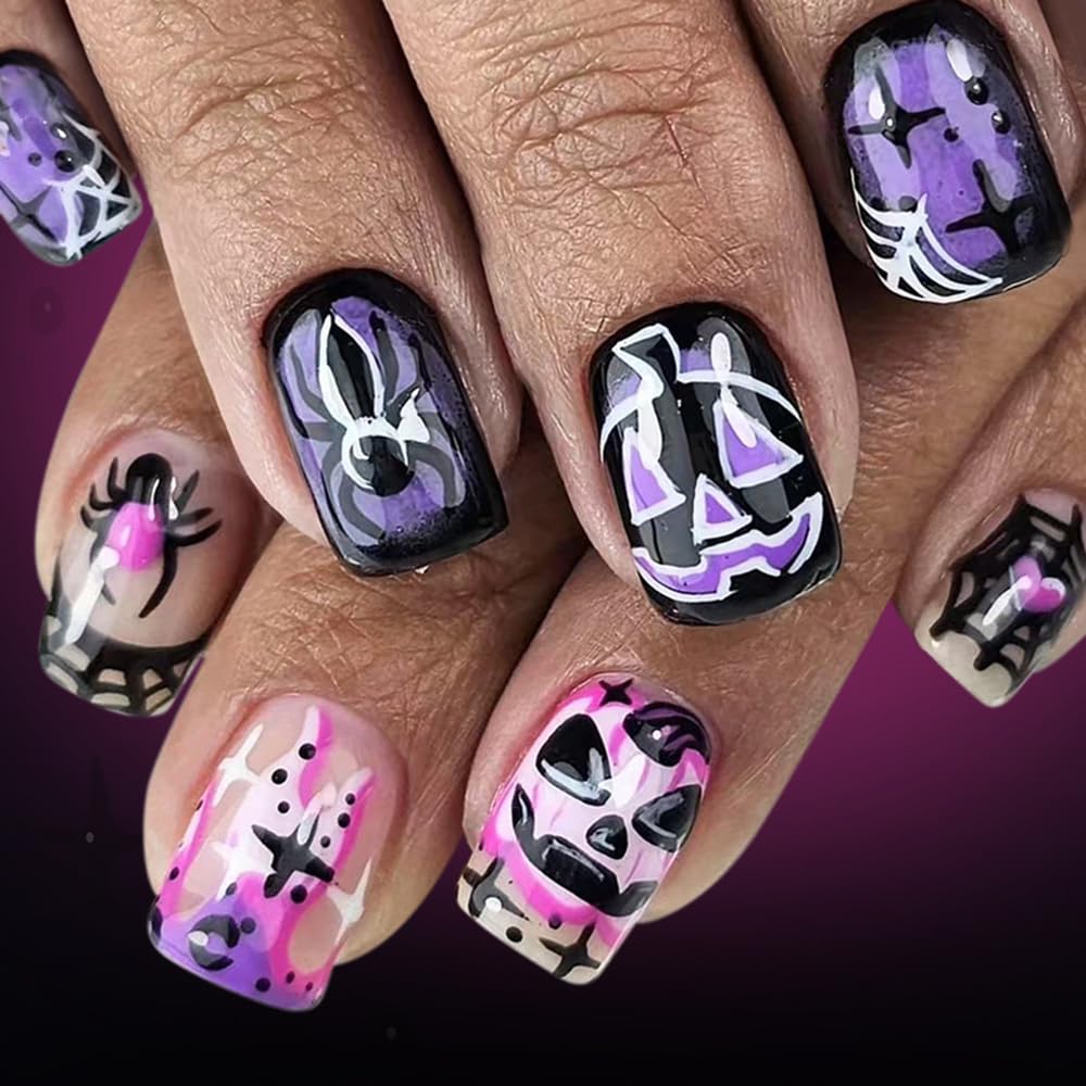 LPOODDNU Halloween Press on Nails Short Fake Nails Purple Pumpkin Design Halloween Glue on Nails for Women, Halloween False Nails, Full Cover Black