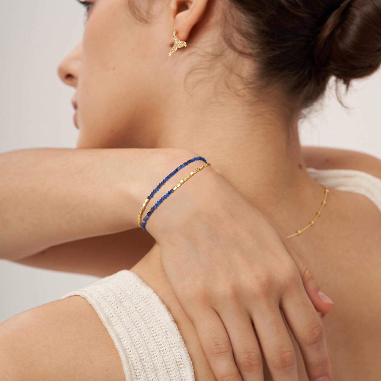 MTMY Gemstone Beaded Bracelets for Women,14K Gold Plated Layered Mixed Natural Stone Beads Chain Bracelets Handmade Jewelry - Image 2