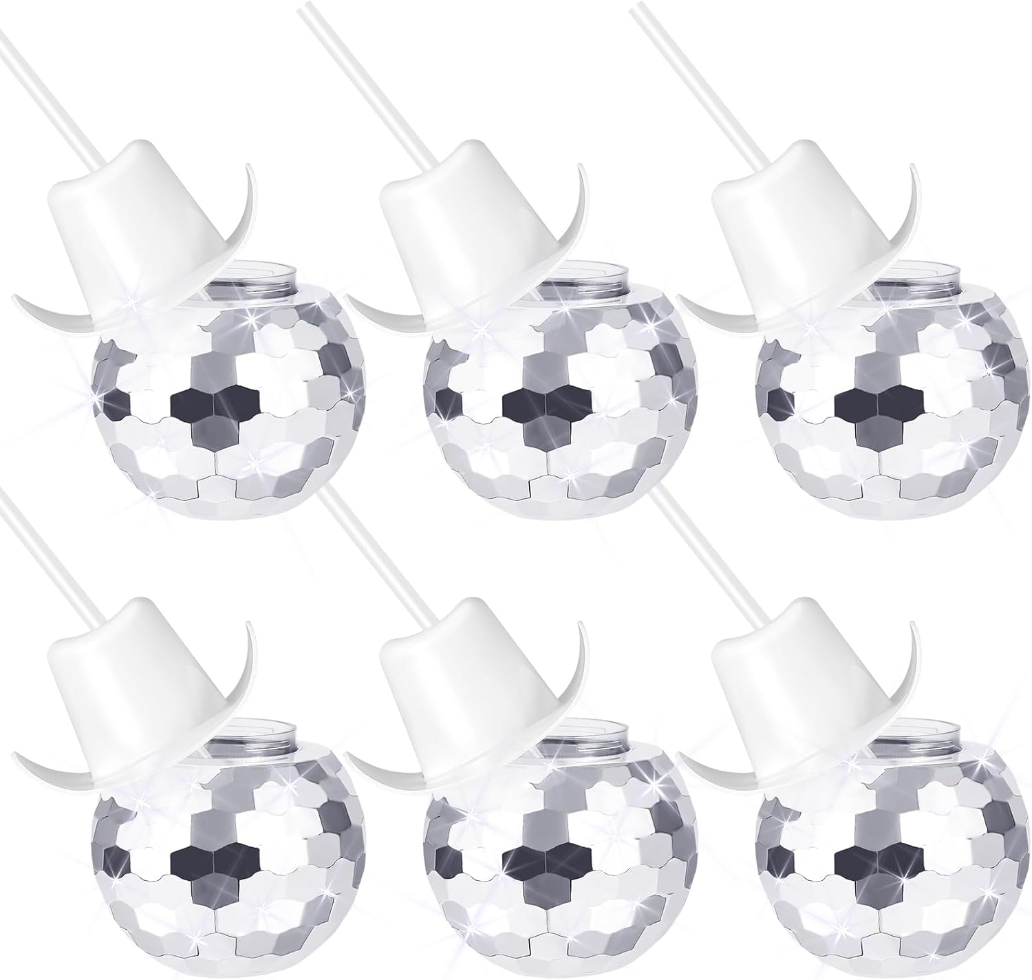6 PCS Disco Ball Cups White Disco Cowboy Hat Party Cups with Straws 70s Mirror Sequins Cocktail Cup Sparkling Cowgirl Tumbler Wine Glass for 1970s Bar Dance Bachelorette Party Decorations (White, 6? White 6