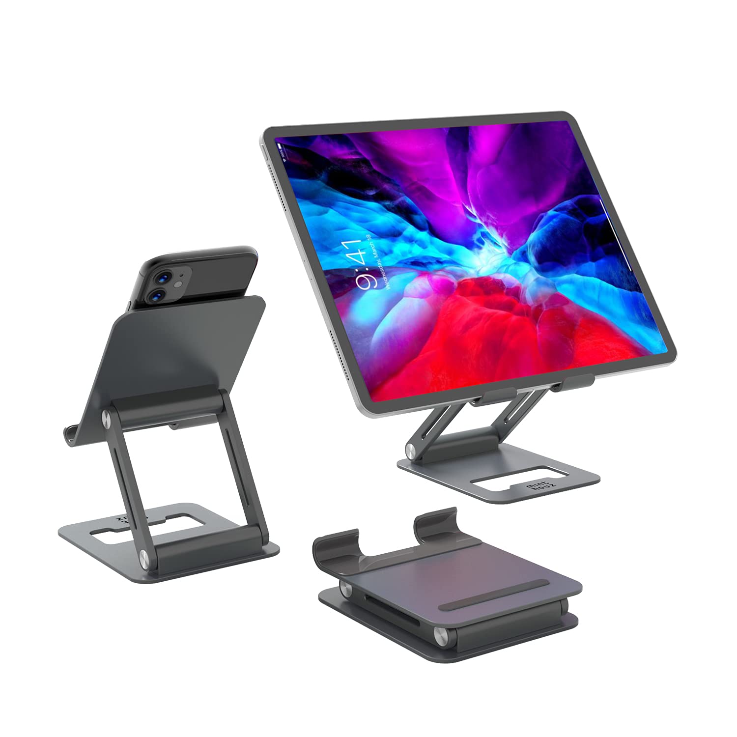Minthouz Tablet Stand, Adjustable & Foldable Tablet Holder, Compact Aluminum Phone Stand with Anti-Slip Pads, Compatible with All 4.7-12.9 inches Mobile Phones/E-Readers/Tablets/Ultrabooks - Gray