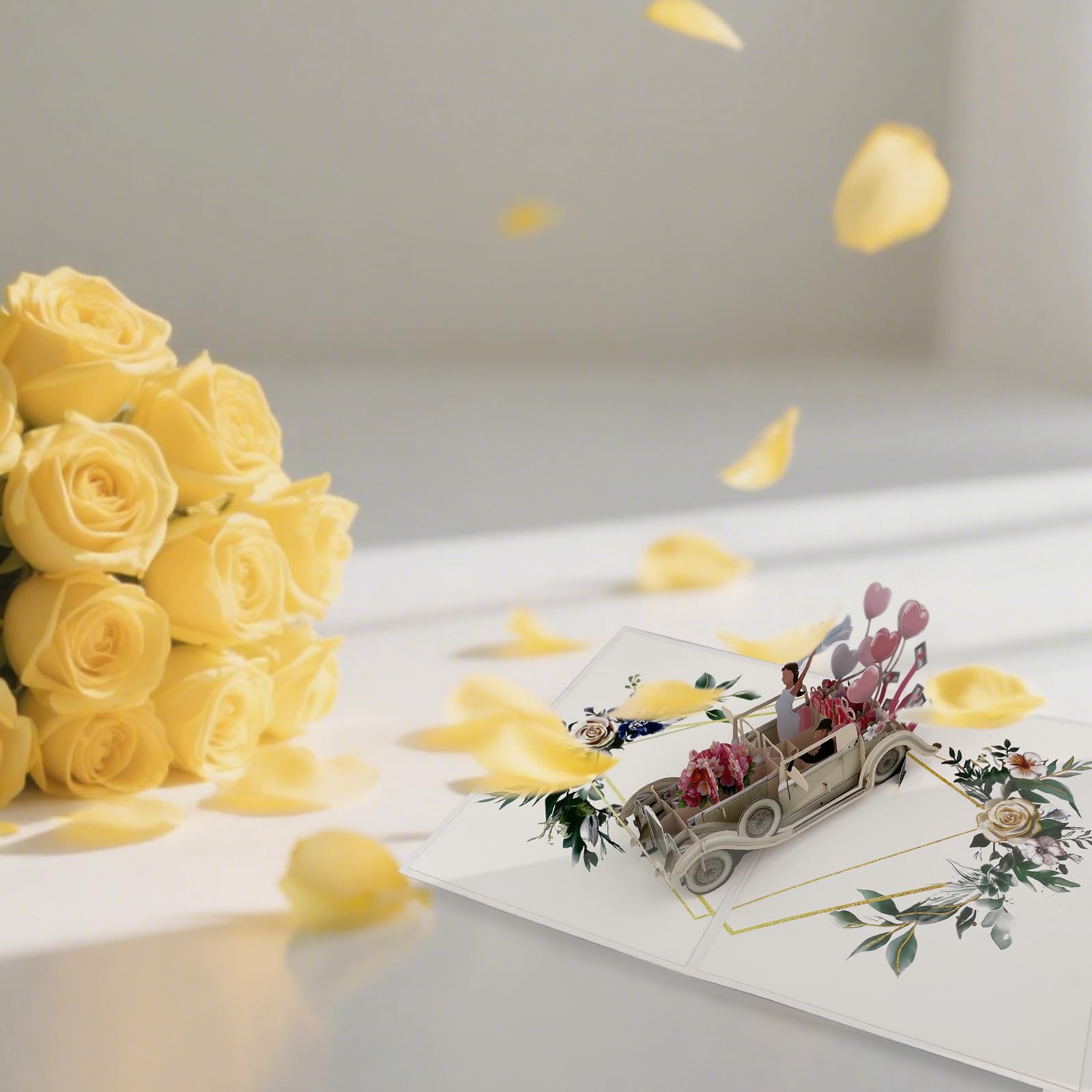 Elegante Biglietto Pop-Up 3D con Auto Just Married per Matrimonio, Regalo in Denaro per Viaggio di Nozze