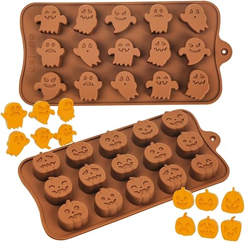 KAISHANE 2 moldes de chocolate de Halloween, molde de silicona de 15 cavidades, diferentes formas de calabazas de Halloween, moldes de chocolate
