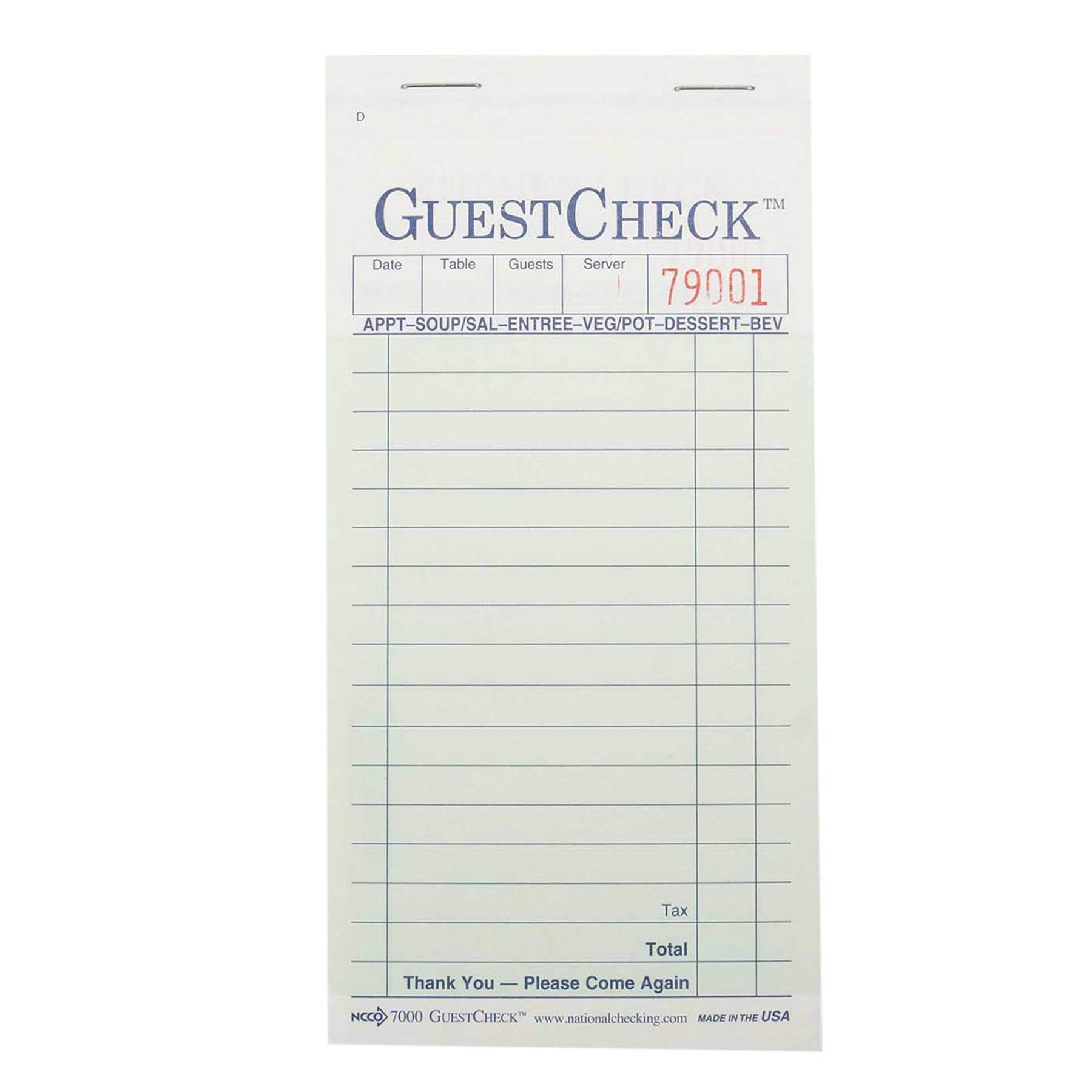 National Checking Company Carbonless Guest Check Paper - 2 Part Green by NCCO – Paper, Pack of 50, Model G7000SP