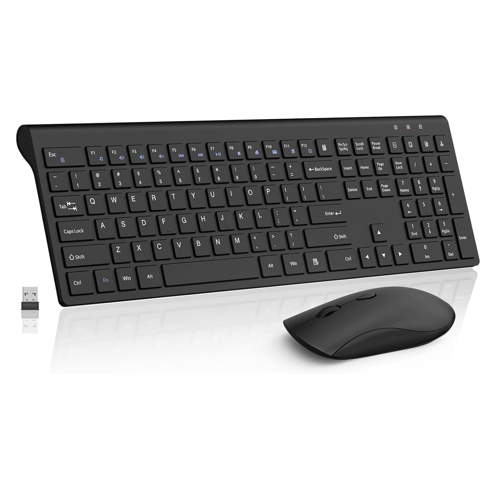 Tastiera wireless e mouse, tastiera silenziosa per computer full-size con pulsante calcolatrice, mouse 2400 DPI, clic silenzioso, set USB sottile senza fili per laptop, PC, Windows Mac, nero