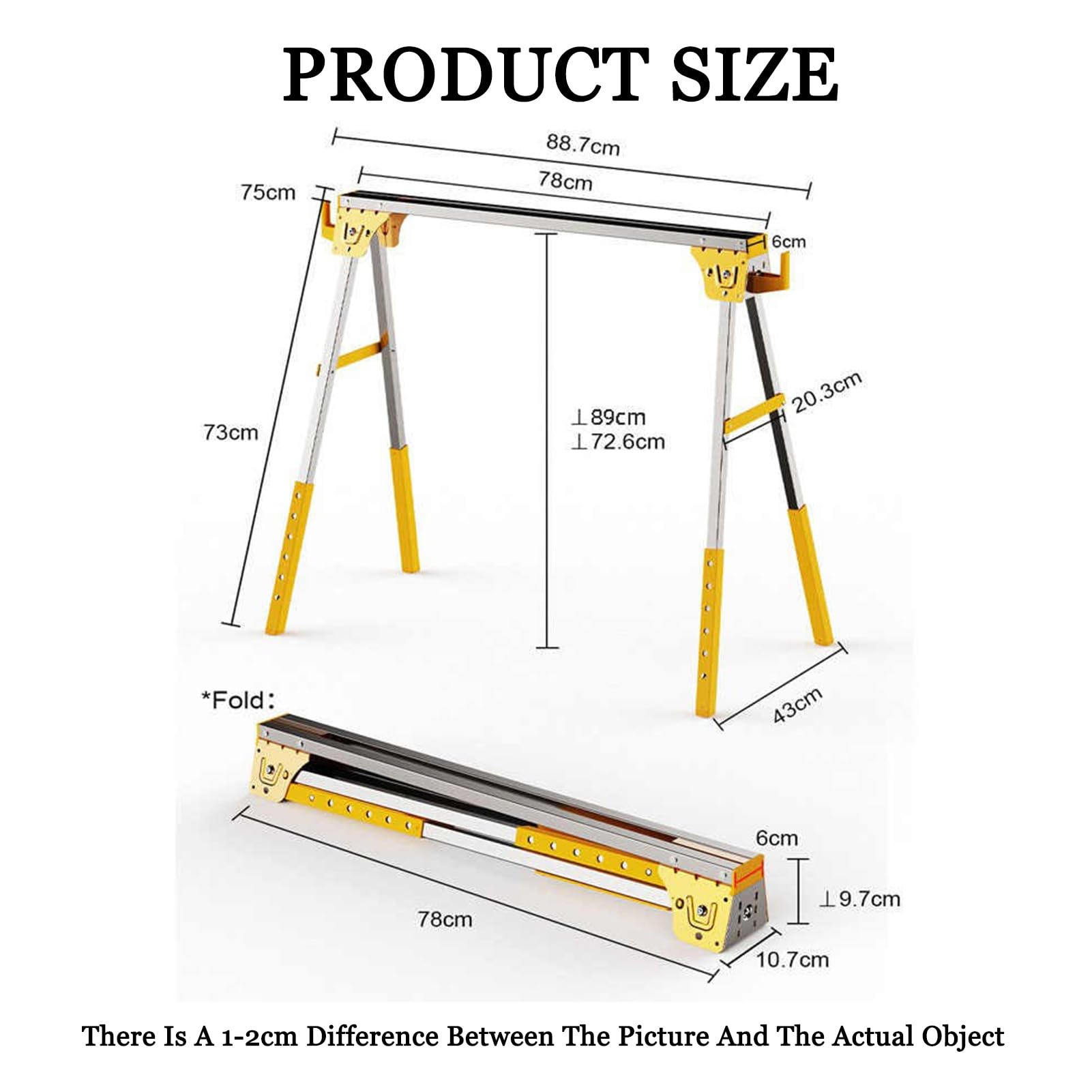 Chevalet de sciage pliable avec pieds réglables et crochets latéraux, construction en acier robuste pour soutien sur chantier et couper du bois de chauffage, capacité de 300 kg