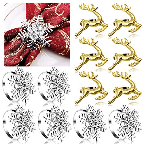 Christmas Napkin Rings Decoration 12 Pcs, Rhinestone Elk Snowflake Napkin Rings Holders for Wedding Birthday Party Dinner Supplies (Goldï¼ŒSilver)