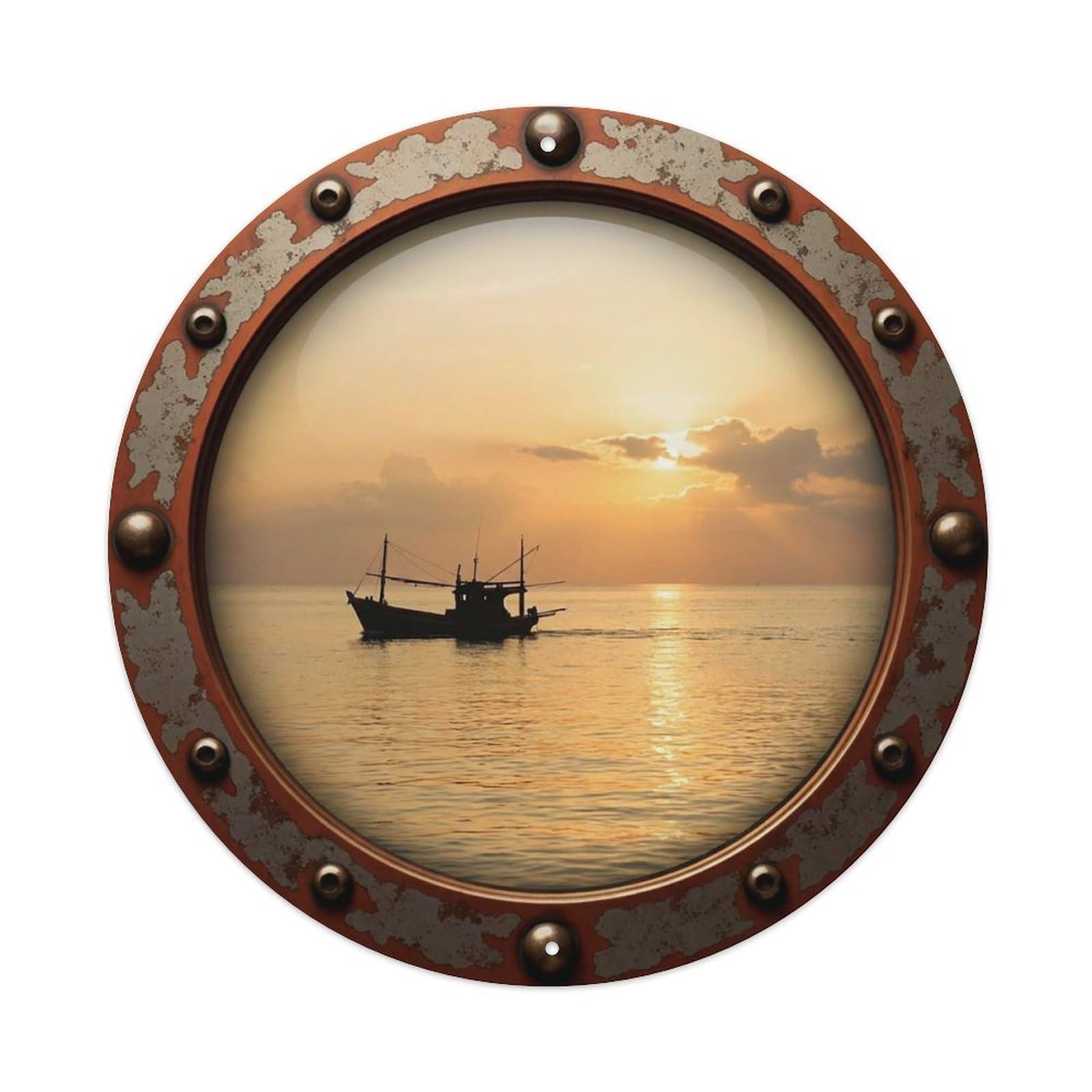 Vintage Porthole Fishing Boat Sunset View Vintage Metal Tin Sign Plaque Wall Decor for Cafe, Club Bar, Office, Garden Metal Poster 8x8Inch