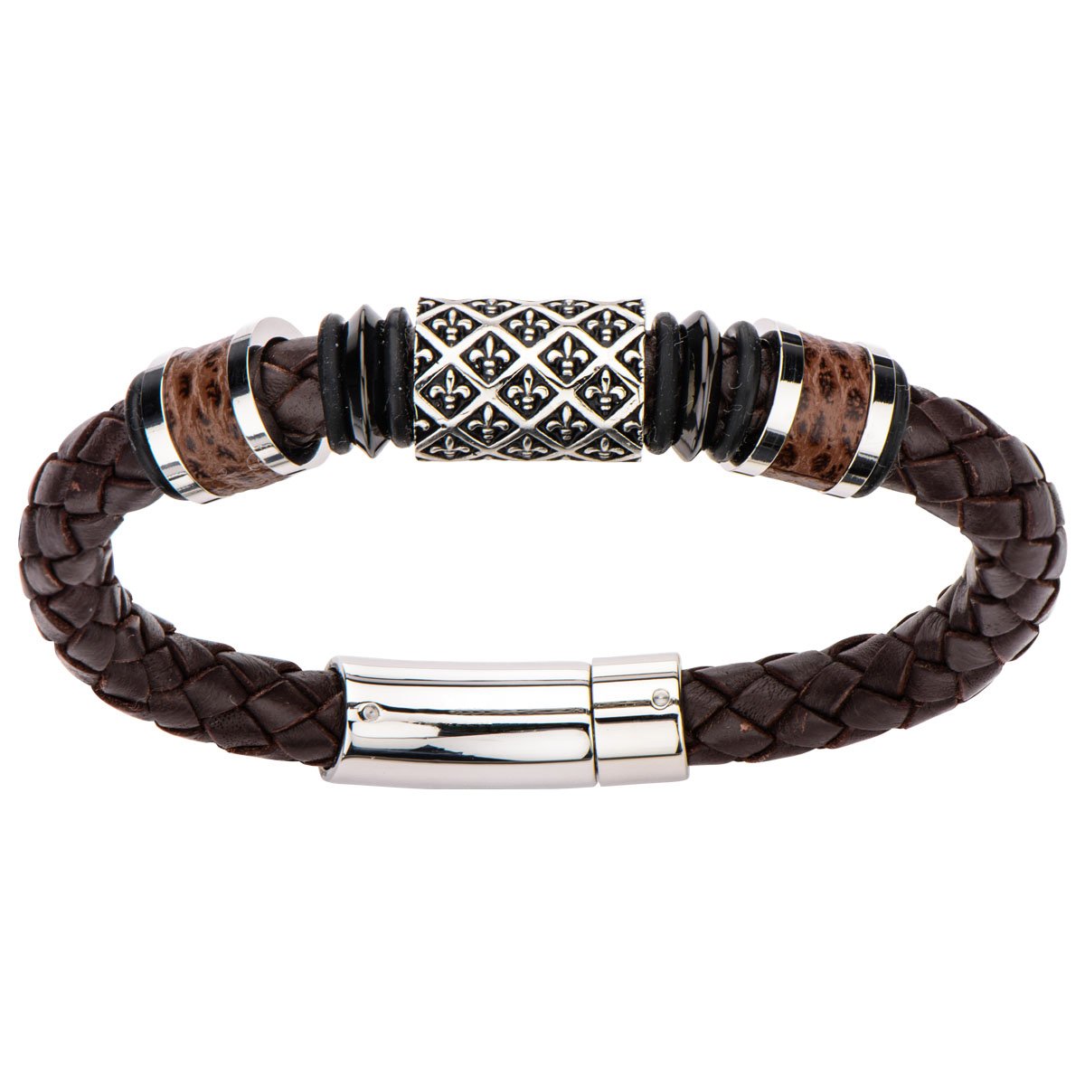 Tribal Hollywood The Saint Bracelet Steel Fleur De Lis Bead Brown Leather Bracelet