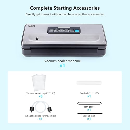 Miniatura 6 de INKBIRD Máquina selladora al vacío, selladores al vacío de alimentos con almacenamiento en rollo, húmedosecopulsosellorecipiente 5 modos de