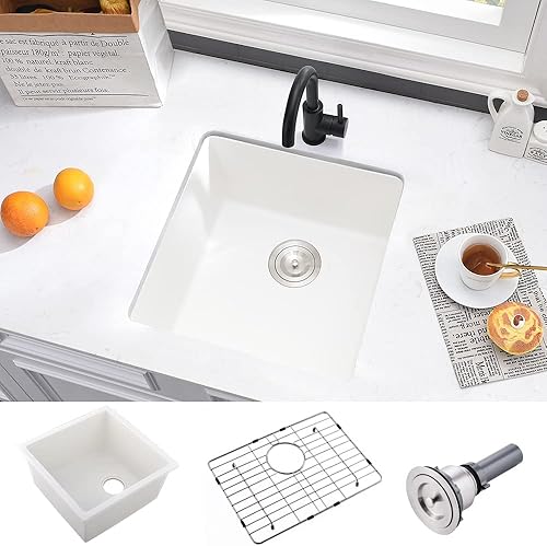 Fregadero de barra de montaje inferior de 21 x 19 x 10 pulgadas, compuesto de cuarzo blanco, cuenco individual, drenaje rápido, incluye rejilla