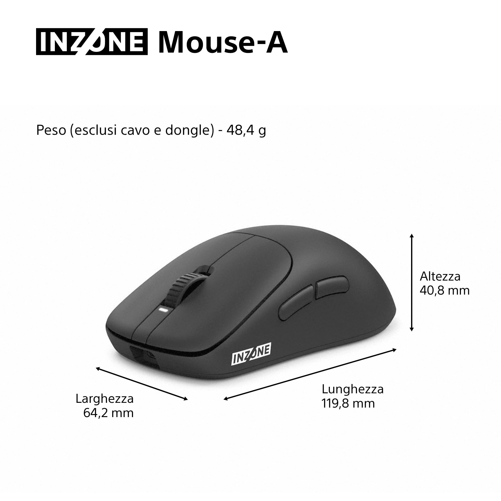Sony INZONE Mouse-A Mouse da Gaming Wireless –Ultra-leggero 48,4g, Polling Rate 8000Hz, Sensore PixArt 30K DPI, Switch Ottici, Batteria da 90 ore, USB-C, Co-progettato con Fnatic – Per eSport FPS–Nero