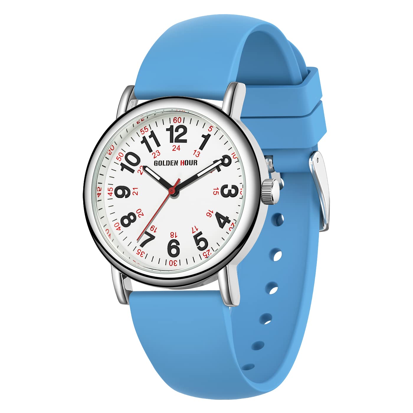 GOLDEN HOUR Waterproof Nurse Watch for Medical Professionals, Students Women Men - Military Time Luminouse Easy Read Dial, 24 Hour with Second Hand, Colorful Silicone Band