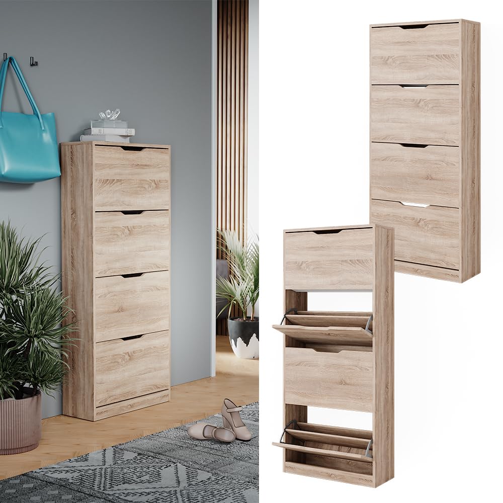 Vicco Meuble à chaussure Luca, Sonoma, 59x137cm avec 4 tiroirs rabattables