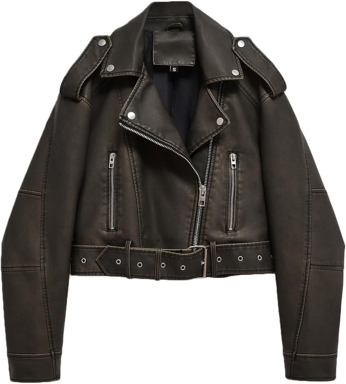 LY VAREY LINWomen Faux Leather Cropped Jacket Lapel Zipper Biker Short Coat with Belt