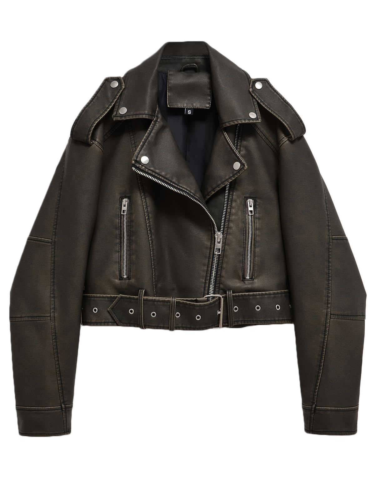 LY VAREY LINWomen Faux Leather Cropped Jacket Lapel Zipper Biker Short Coat with Belt