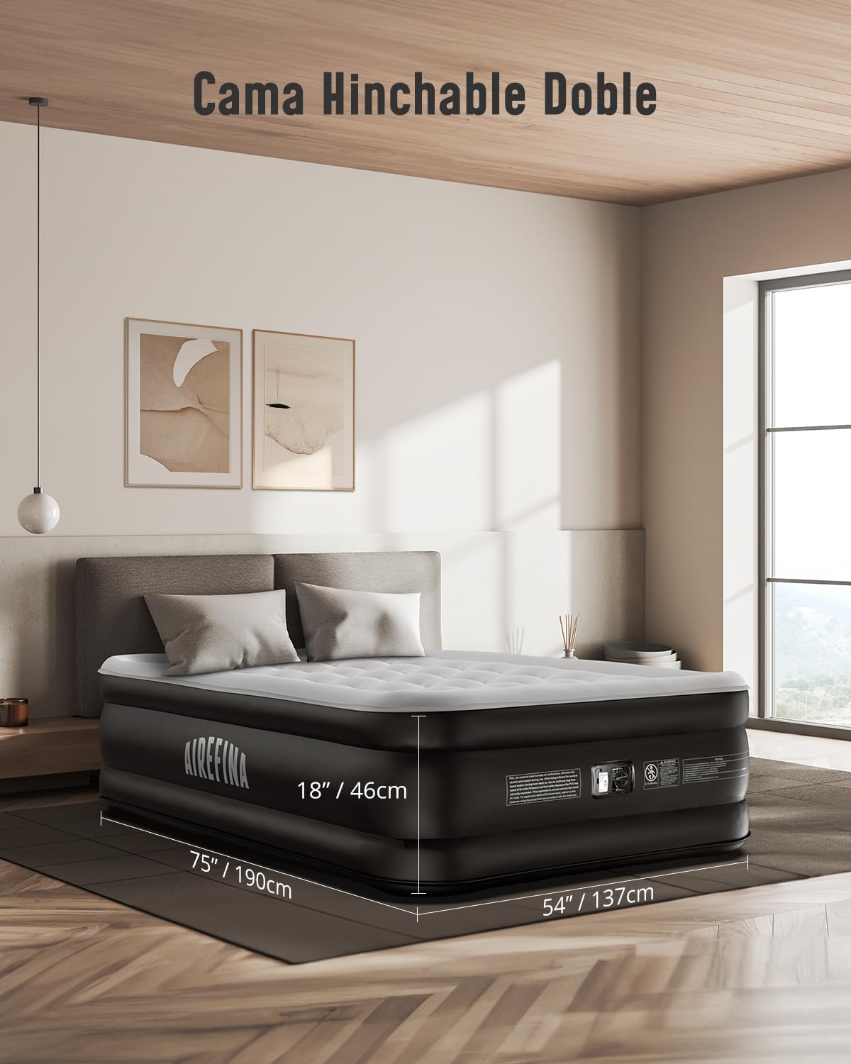 Airefina Colchon Hinchable con Bomba Eléctrica Incorporada, Colchón Hinchable Matrimonio en 3 Minutos, Superficie Acolchada Cama Hinchable, Cama de Aire Portátil para Casa Camping 137 x 190 x 46cm