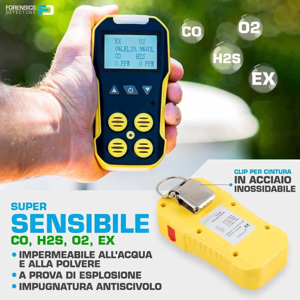 Rilevatore Multigas | Certificato di Calibrazione EU | O2, CO, H2S, LEL | Ricarica USB | Allarmi Sonori, Luminosi e a Vibrazione |