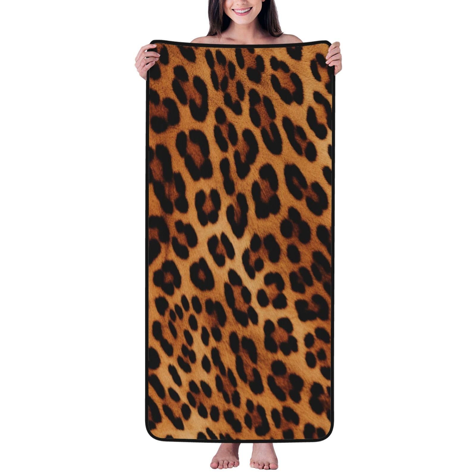WPKJU Leopard Print Printed Bath Towel with Black Edging - 27x55 in Soft Extra Absorbent Coral Velvet Shower Towels for Bathroom