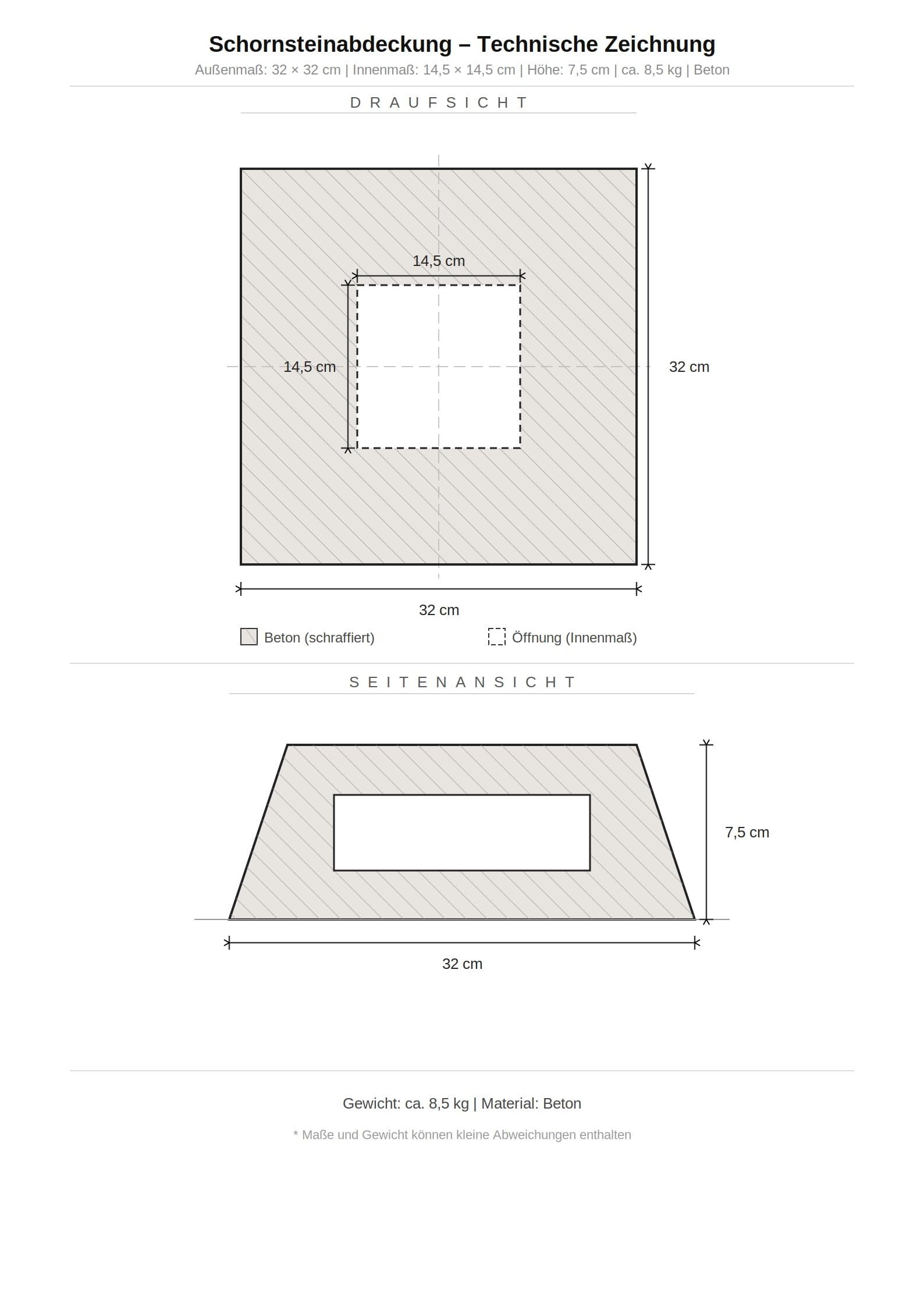 Schornsteinabdeckung aus Beton 32x32 cm – Betonmanufaktur Delmenhorst | Handgefertigt in Deutschland | für stillgelegte Schornsteine | Grau