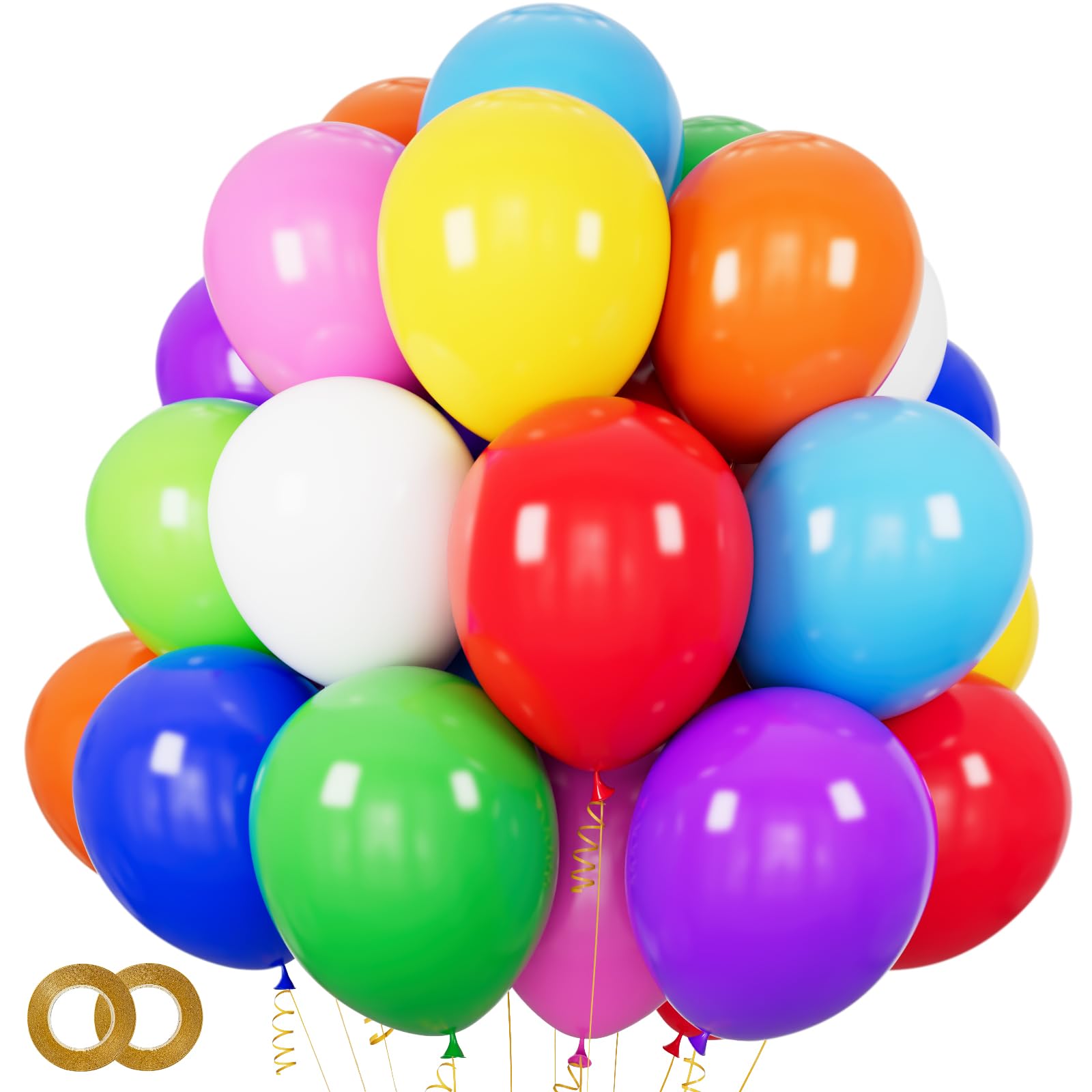 ASIYUHY Rainbow Party Balloons 100 Pack 12 inch Multicoloured Balloon With 2 rolls of balloon ribbon Assorted Color Thicken Latex Colorful Balloons for Birthday Party Wedding Baby Shower Decorations