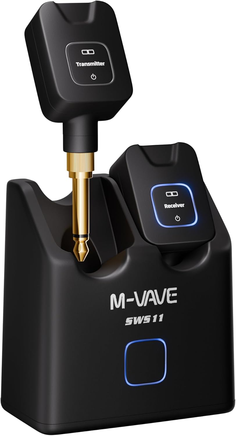 Wireless Guitar System 5.8GHz Digital Transmitter Receiver, 24bit/48kHz Audio, ＜4.6ms Low Latency, 6 Channels, 30m Outdoor Range, 30H Playtime with Charging Case for Electric Instruments