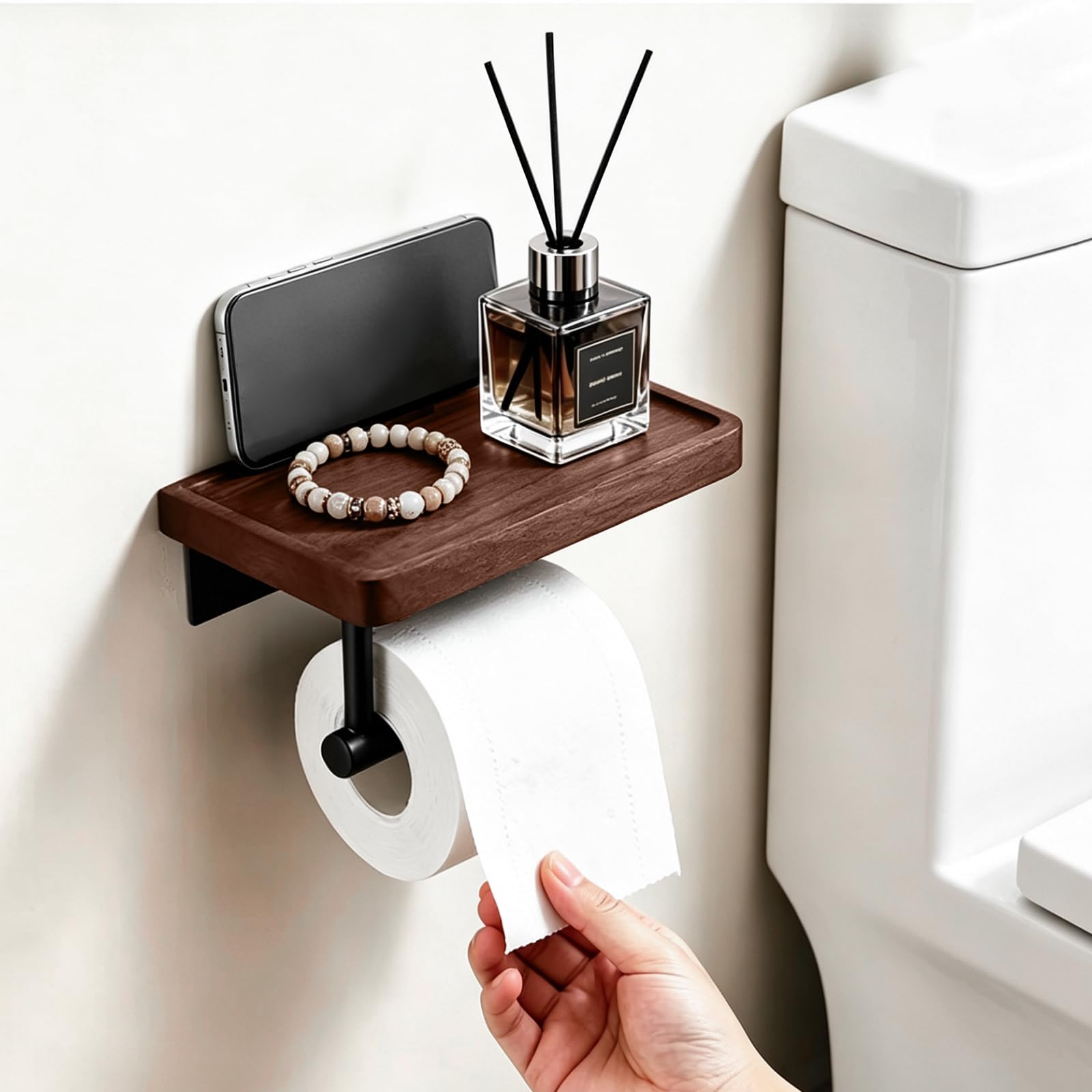 Toilet Paper Holder with Walnut Wood Shelf, Adhesive and Wall Mounted — Amazon image 2