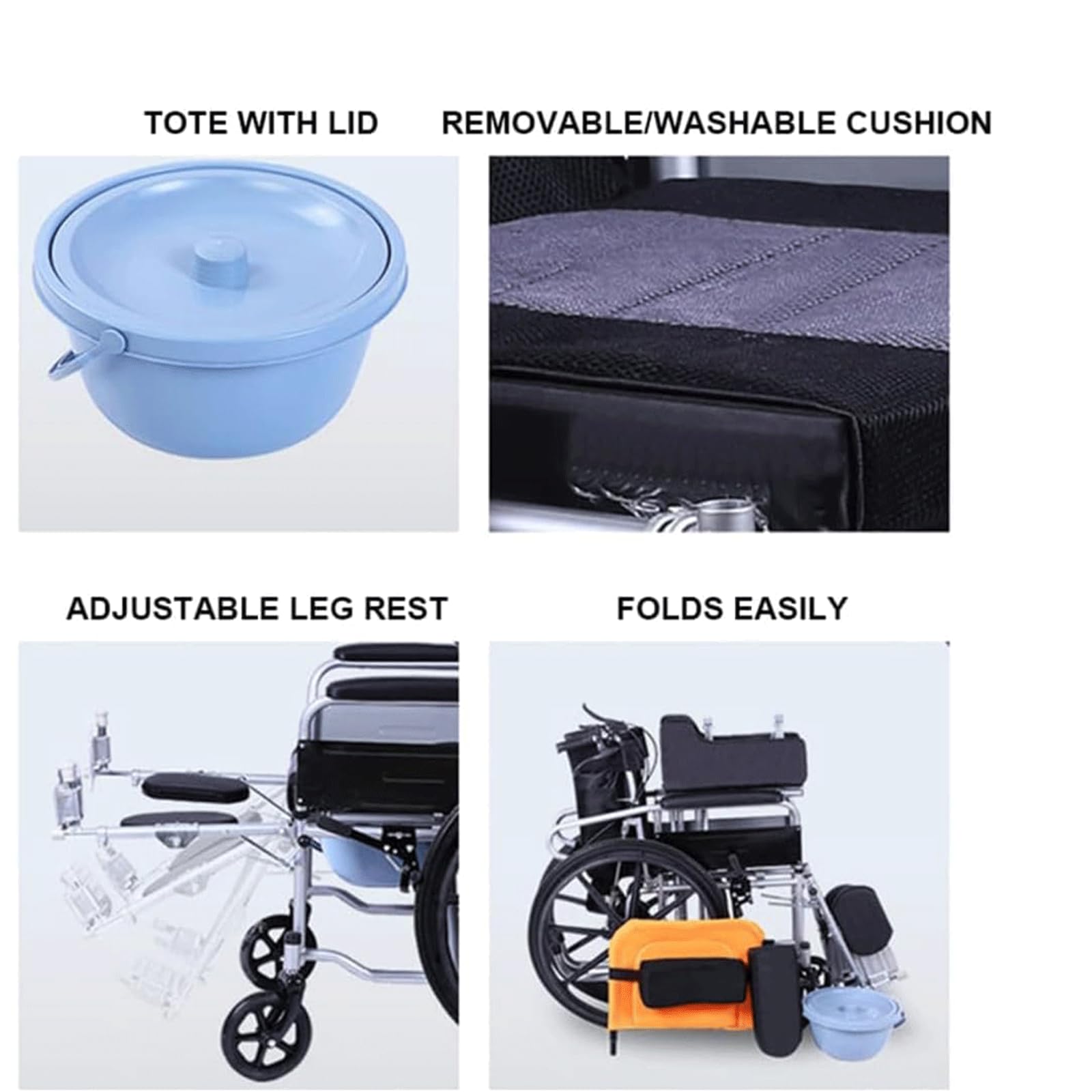 Silla de Ruedas de Transporte Silla de Ruedas de Transporte Respalto Reposacabezas Extraíble Reposapiernas Elevable Silla de Ruedas Manual/a