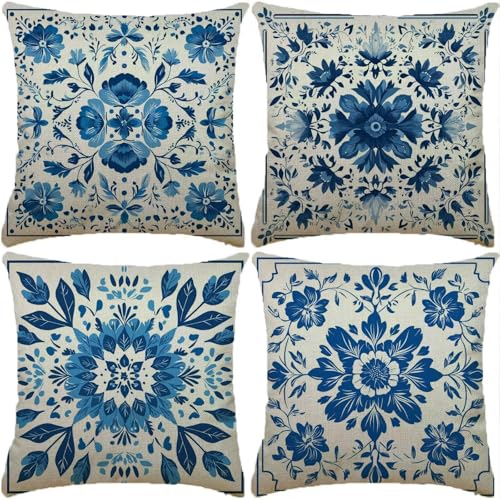 Funda Cojin azul Paquete de 4 80x80cm Europa del Norte Cojines para Sofa Fundas de Cojín Cuadradas Fundas de cojín de Lino con de dos Caras Estampado para Sofá Estar Dormitorio Festival Regalo XW-167