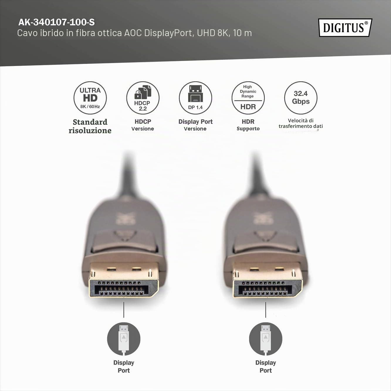 Digitus Cavo In Fibra Ottica Ibrido Displayport Aoc, Uhd 8k, 10 M (digitus Displayport Aoc Hybrid Glasfas)