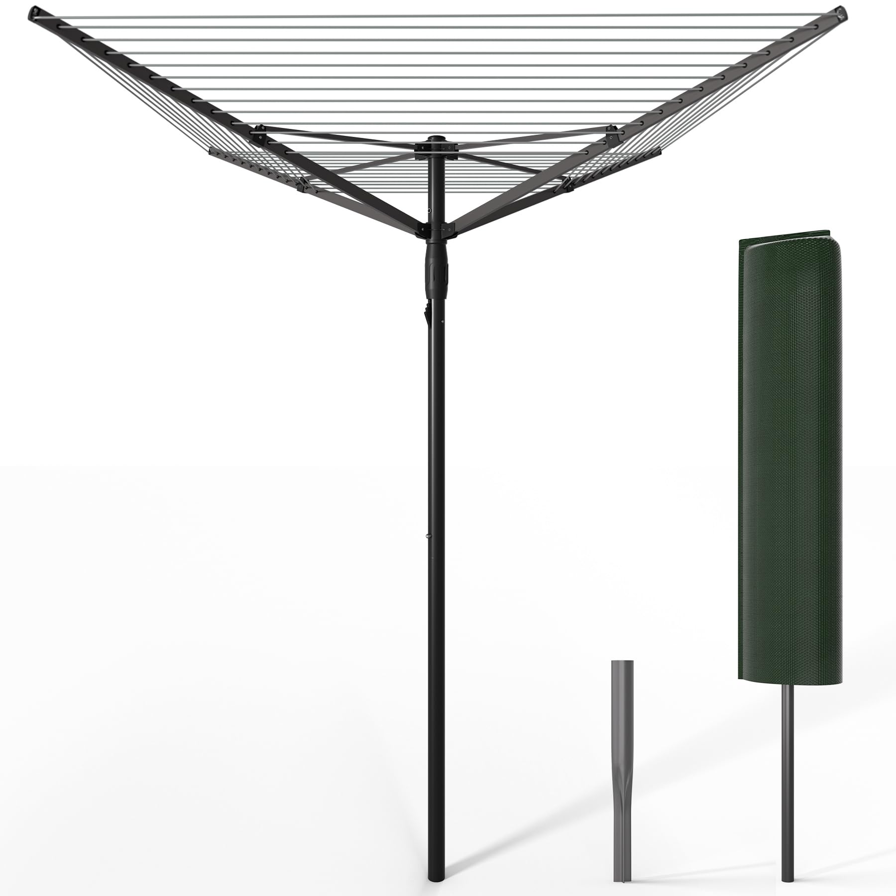 VOUNOT® 50m 4 Arm Rotary Washing Line with Cover & Metal Ground Spike, Heavy Duty Foldable Outdoor Clothes Airer, Whirligig Rotary Dryer for Garden, Black