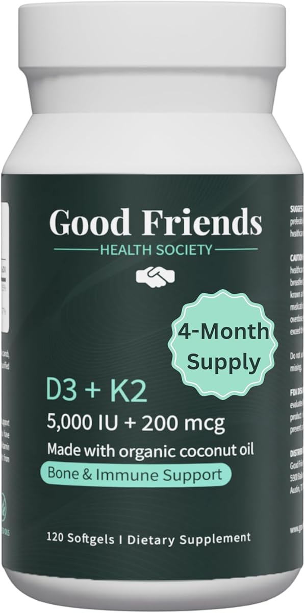 Vitamin D3 5000 IU + Vitamin K2 200 mcg - 4 Month Supply - High Potency Bone & Immune Support - Organic Coconut Oil, No Seed Oils, Non-GMO, 120 Vegetable Softgels