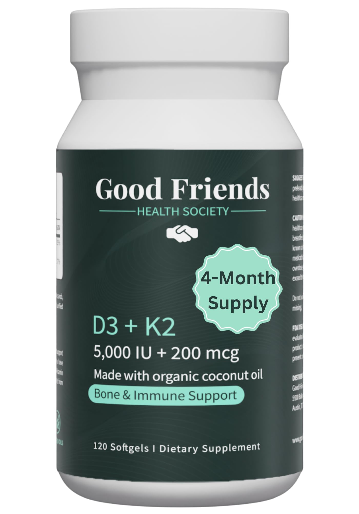 Good Friends Health - Vitamin D3 5000 IU + Vitamin K2 200 mcg - 4 Month Supply - Bone & Immune Support - Organic Coconut Oil - No Seed Oils - Non-GMO - 120 Vegetable Softgels