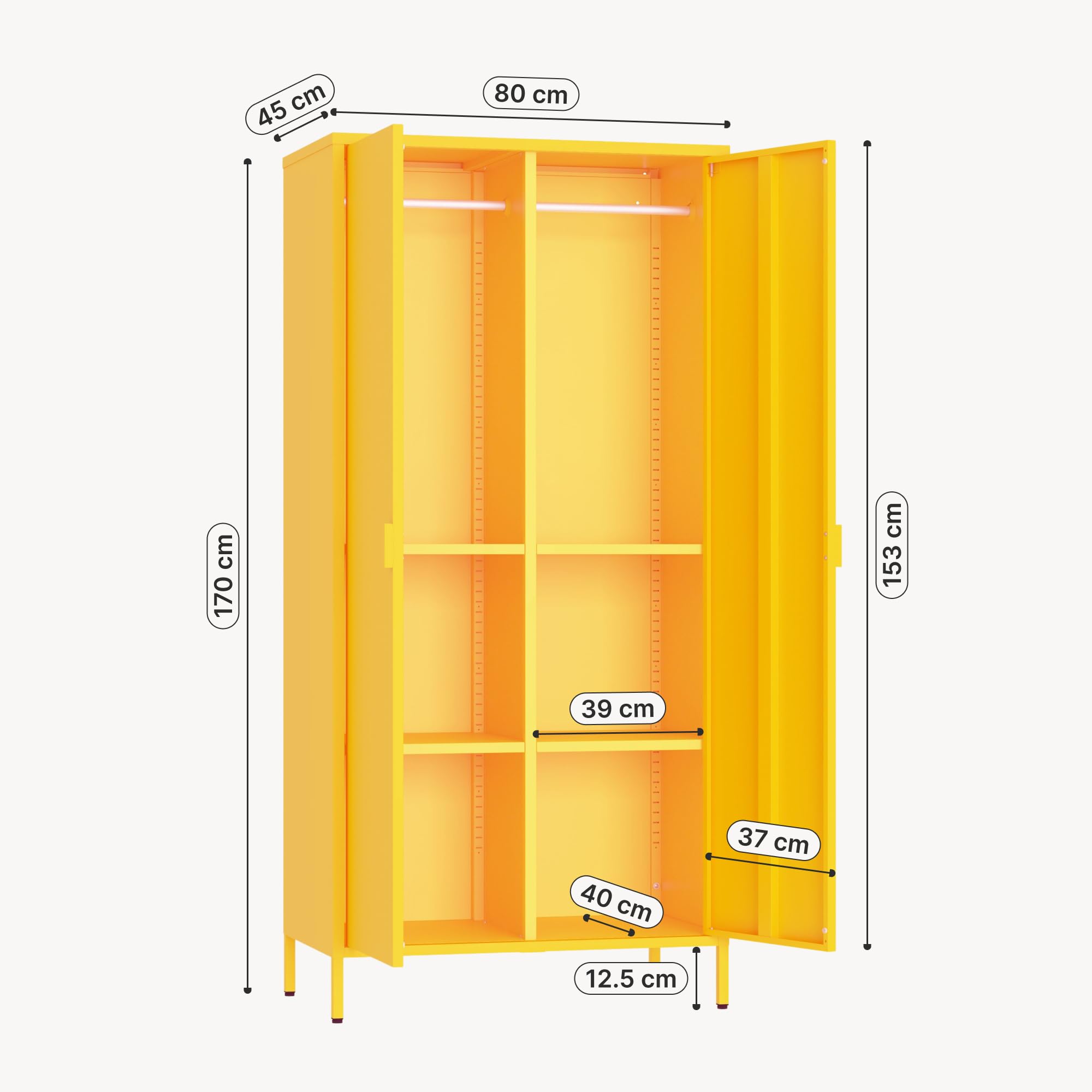[en.casa] Kleiderschrank Esteli Garderobenschrank mit 2 Türen 170 x 80 x 45 cm Schlafzimmerschrank 2 Kleiderstangen 4 höhenverstellbare Einlegeböden Stahl Gelb