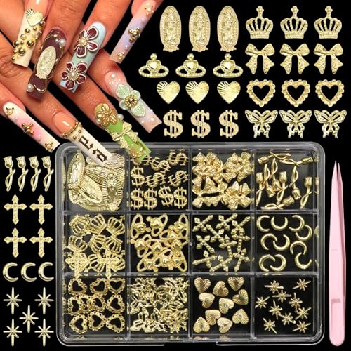 Image of BELICEY 120Pcs 3D Gold Nail Charms, 12Styles Alloy Cross Rose Heart Nail Art Charms, Golden Crown Virgin Mary Charms for Acrylic Nails, Mix Shiny Nail Jewelry for Nails Design Manicure Crafts