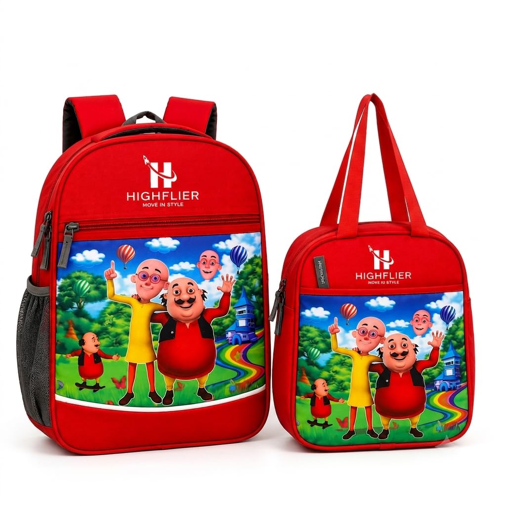 Kids Motu Patlu School Bag with Lunch Bag Combo Pack | Cartoon Printed Lightweight School Bag & Lunch Bags for Boys & Girls | Nursery, KG & Primary School Kids (Red)-image-39