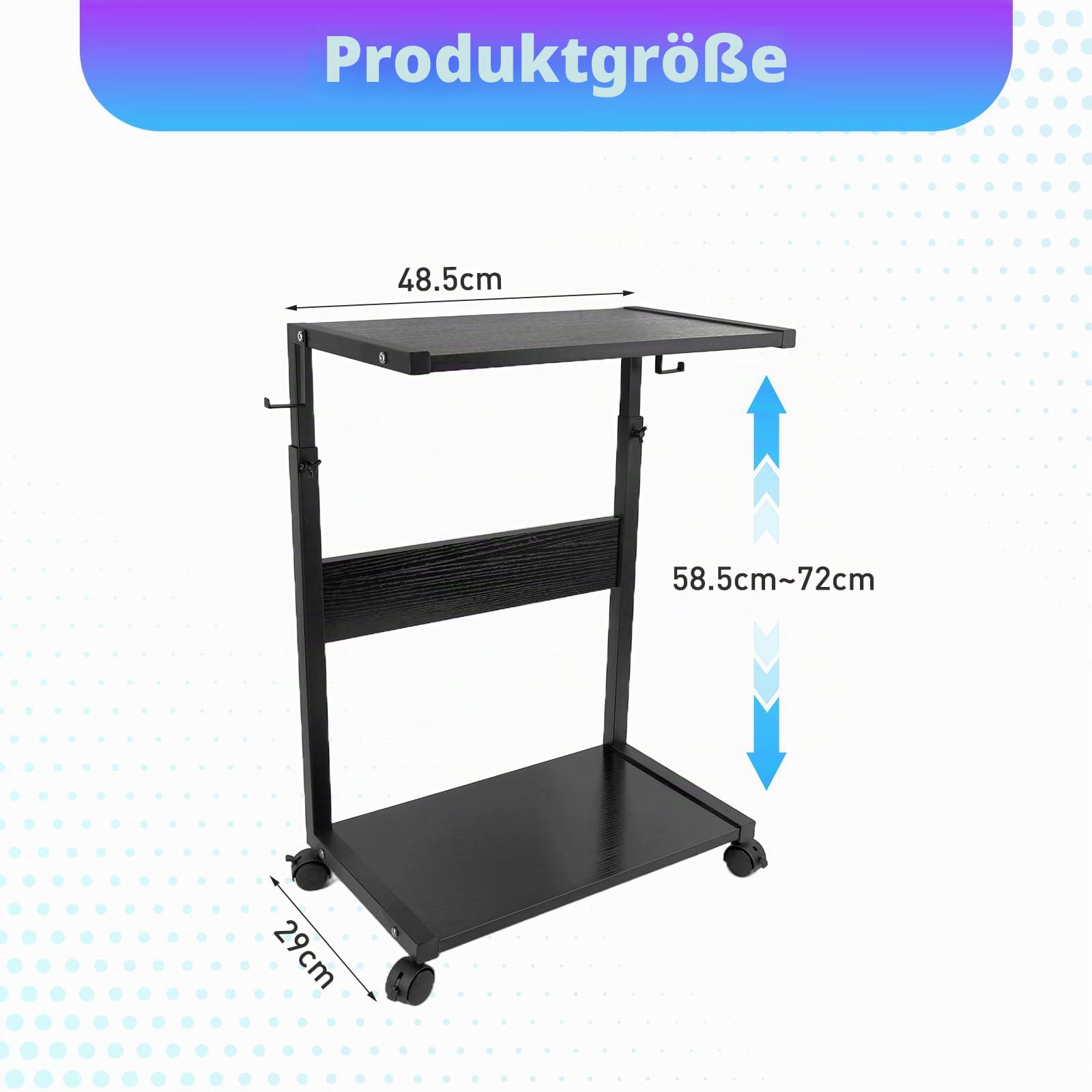 Computer Tower Ständer,Höhenverstellbarer PC Tower Ständer mit 4 Haken & 2 Lenkrollen mit Feststeller, Robuster Computer Ständers aus Stahl für Tower, Drucker als Druckertisch bis (58,5-72 cm)