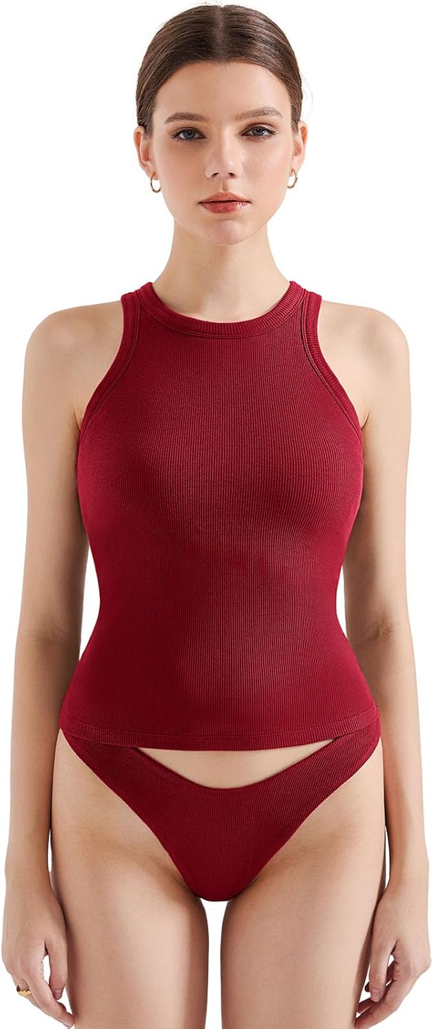 SUUKSESS Women Padded Cotton Ribbed Tank Tops 2025 High Neck Racerback Basic Tops