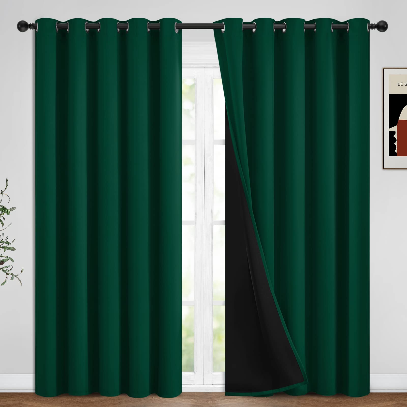 Yakamok Thermal Insulated 100% Blackout Curtains for Bedroom with Black Liner, Light Blocking Drapes Thermal Insulated Grommet Panels for Living Room,