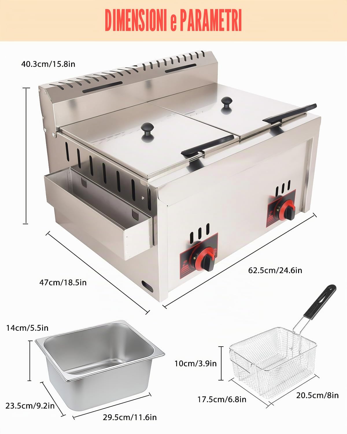 Friggitrice a Gas Professionale 20L Doppia Vasca in Acciaio Inossidabile ad Alta Capacità con Cestello per Patatine - Per Ristoranti, Cucine Domestiche e Chioschi