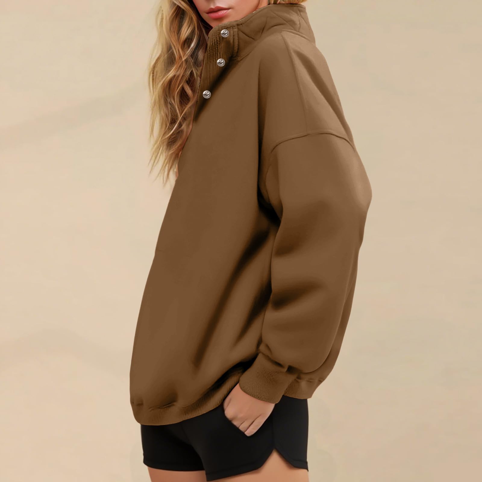 HAOLEI Sudaderas Mujer Sin Capucha Cuello V con Botones Casual Sudadera Otoño Invierno Jersey Manga Larga Holgados Sweatshirt de Canalé Talla Grande Básico Camiseta Color Sólido Moda Ropa Streetwear