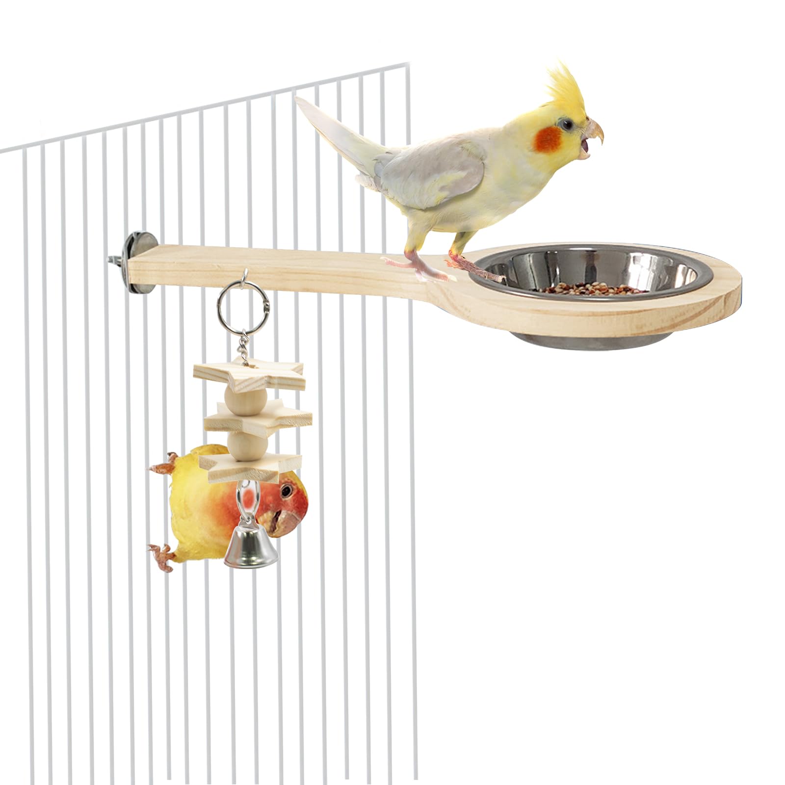 Bird Perch with Feeding Cup, Parrot Wood Stand with Chewing Toy, Bird Cage Accessory for Parakeet Lovebird Cockatiel Conure Budgie - image 4