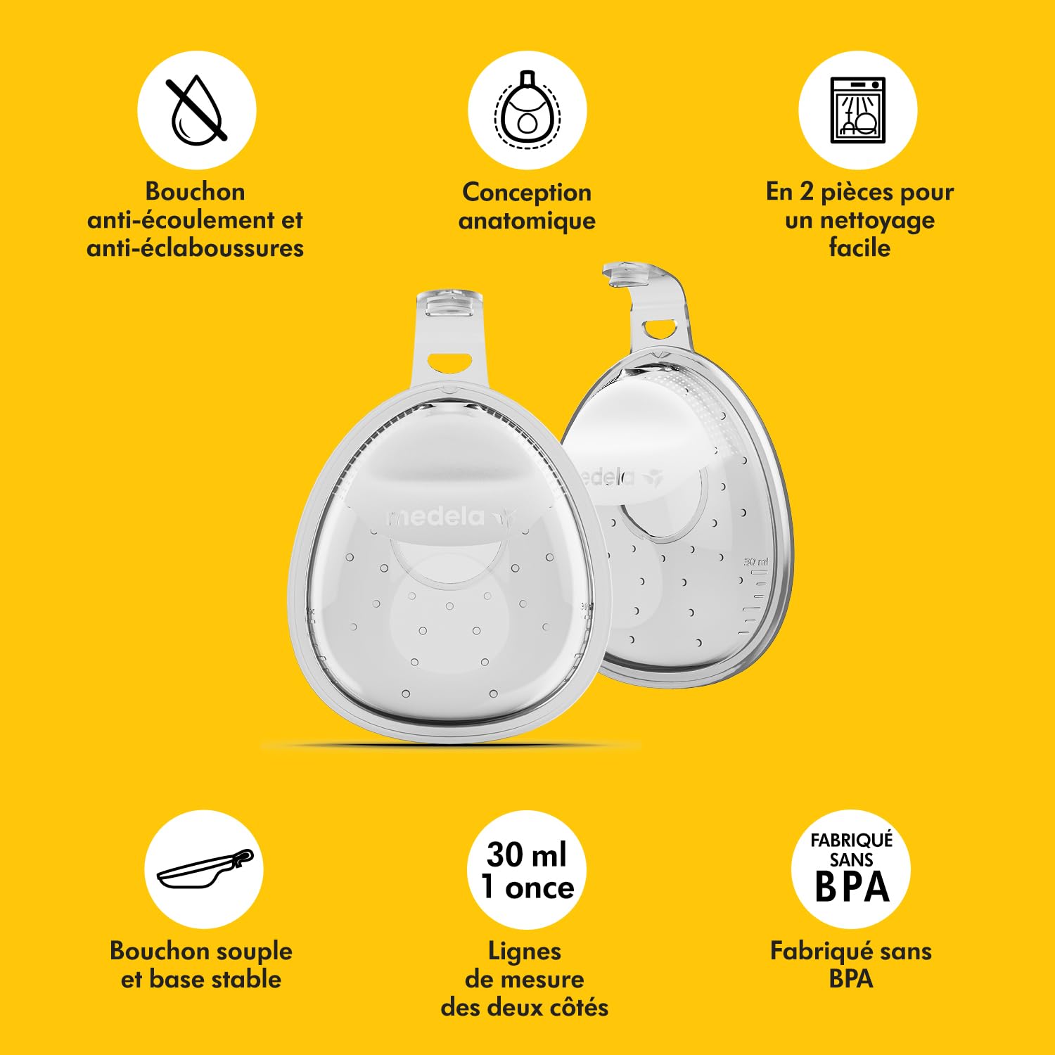 Medela collecteur de lait maternel In-bra, étanche et facile à porter, avec bouchon souple, forme anatomique, sans BPA, facile à nettoyer et lavable au lave-vaisselle, capacité de 30 ml
