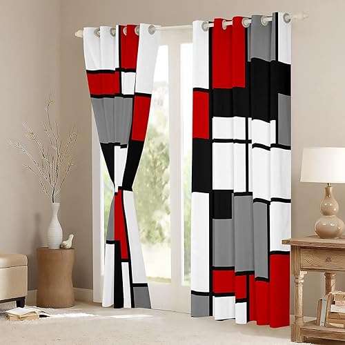 Miniatura 3 de Cortinas cuadradas grises, negras, rojas, blancas, con cuadrícula geométrica para niños, niñas, adolescentes, cortinas de tratamiento de ventanas