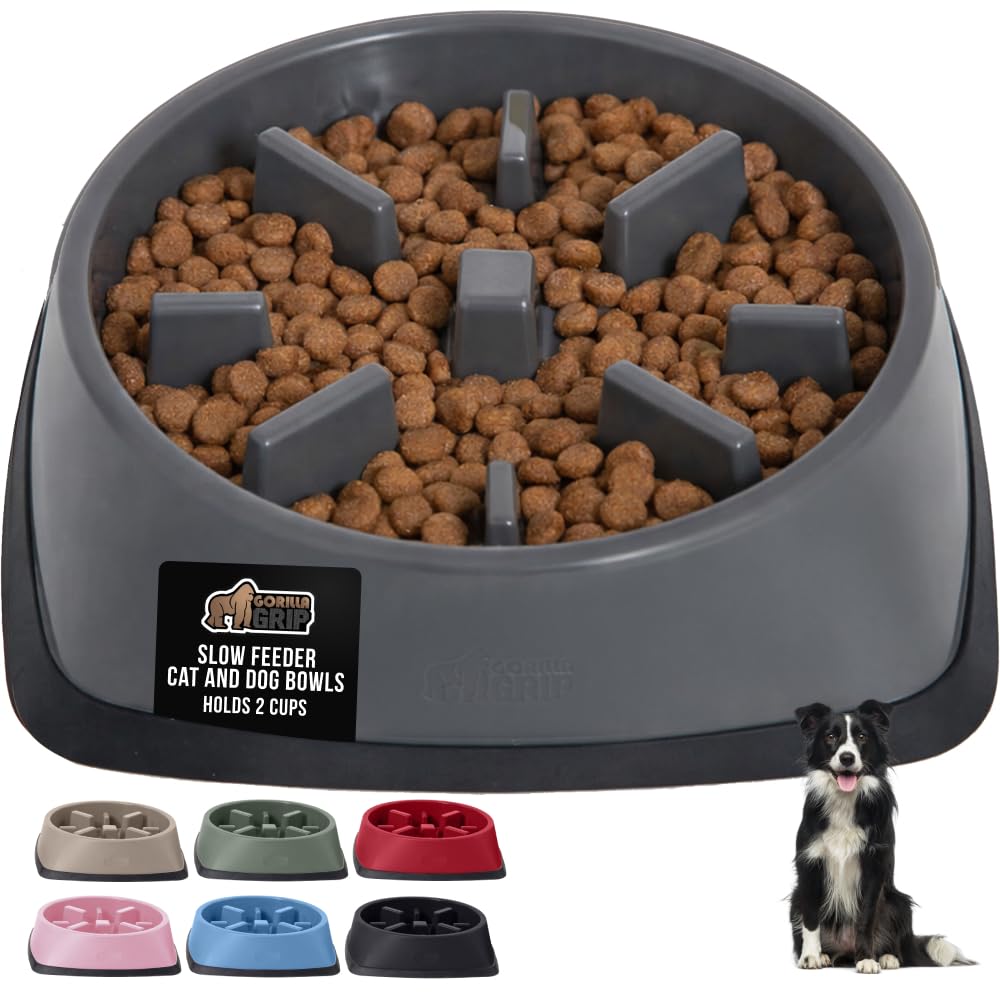 GORILLA GRIP Patented BPA Free Slow Feeder Dog Bowls, Interactive Puzzle Toy for Dogs and Cats Food Training Enrichment, Keeps Pets Busy and Prevents Puppy Overeating, All Breeds, 2 Cup, Gray