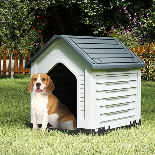 COSTWAY Hundehütte Outdoor, wetterfestes Hundehaus mit abschließbarer Metalltür, Belüftungsschlitzen, geneigtem Dach, Haustierhaus für kleine Hunde & Katzen, Hundekäfig für Indoor (Grau)