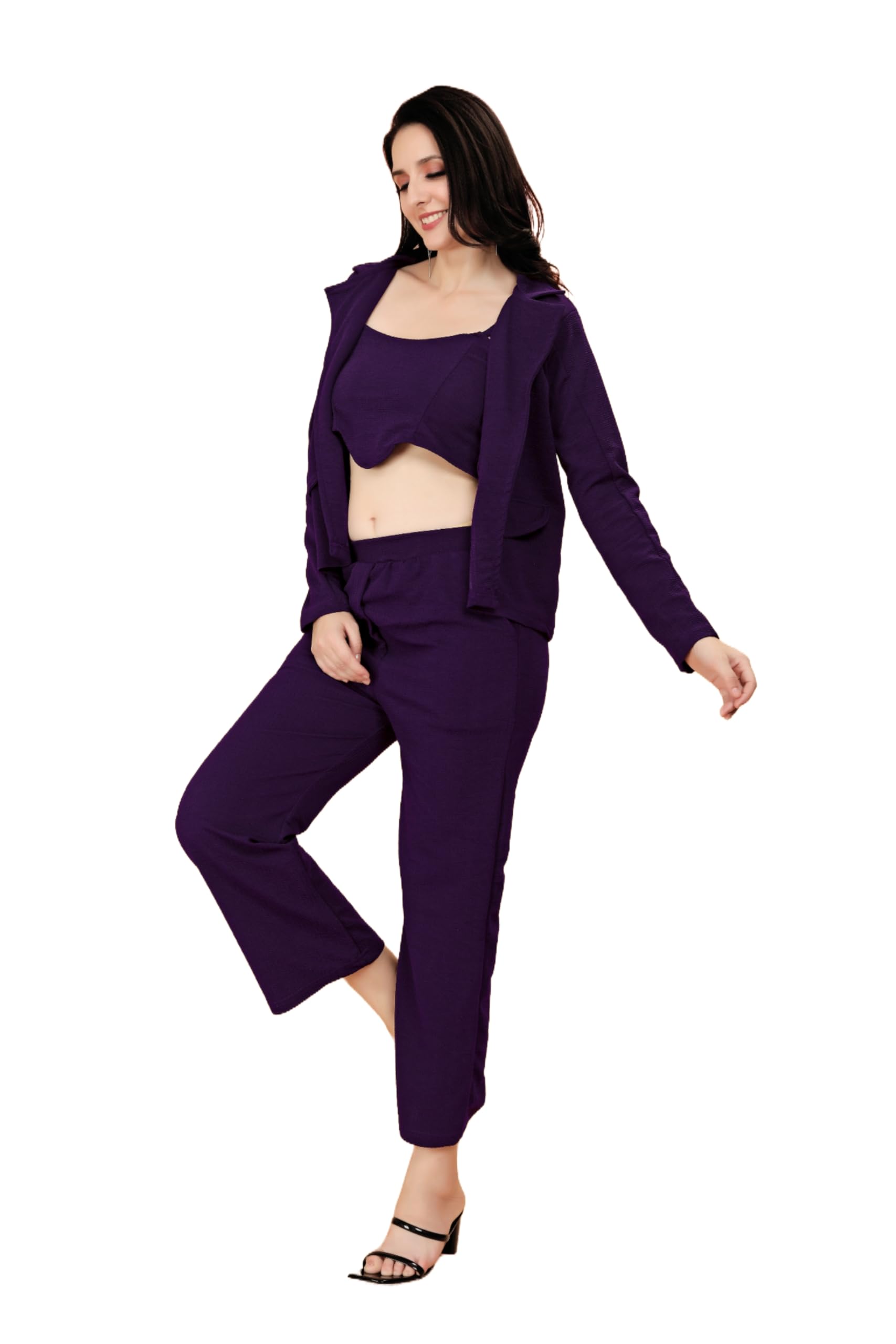 Women's Lycra Solid Three Piece Outfits Blazer Co-Ord Set Women Outdoor Wear Maxi Dress Crop top Party Dress Stylish Latest Dresses-image-31