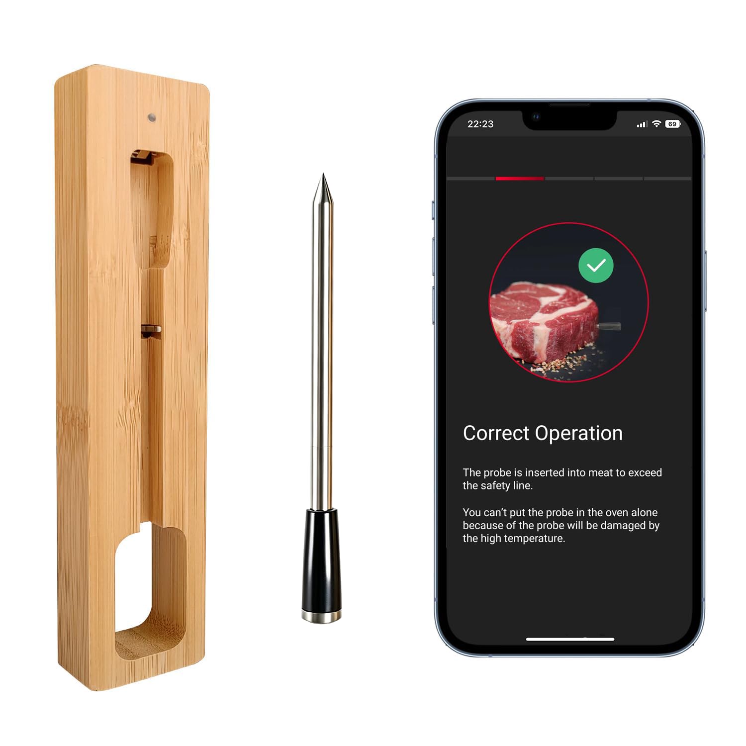 Termómetro de carne inalámbrico, Bluetooth con conexión a aplicación, pantalla LCD, IPX7, resistente al agua, termómetro para barbacoa, horno, barbacoa, cocina
