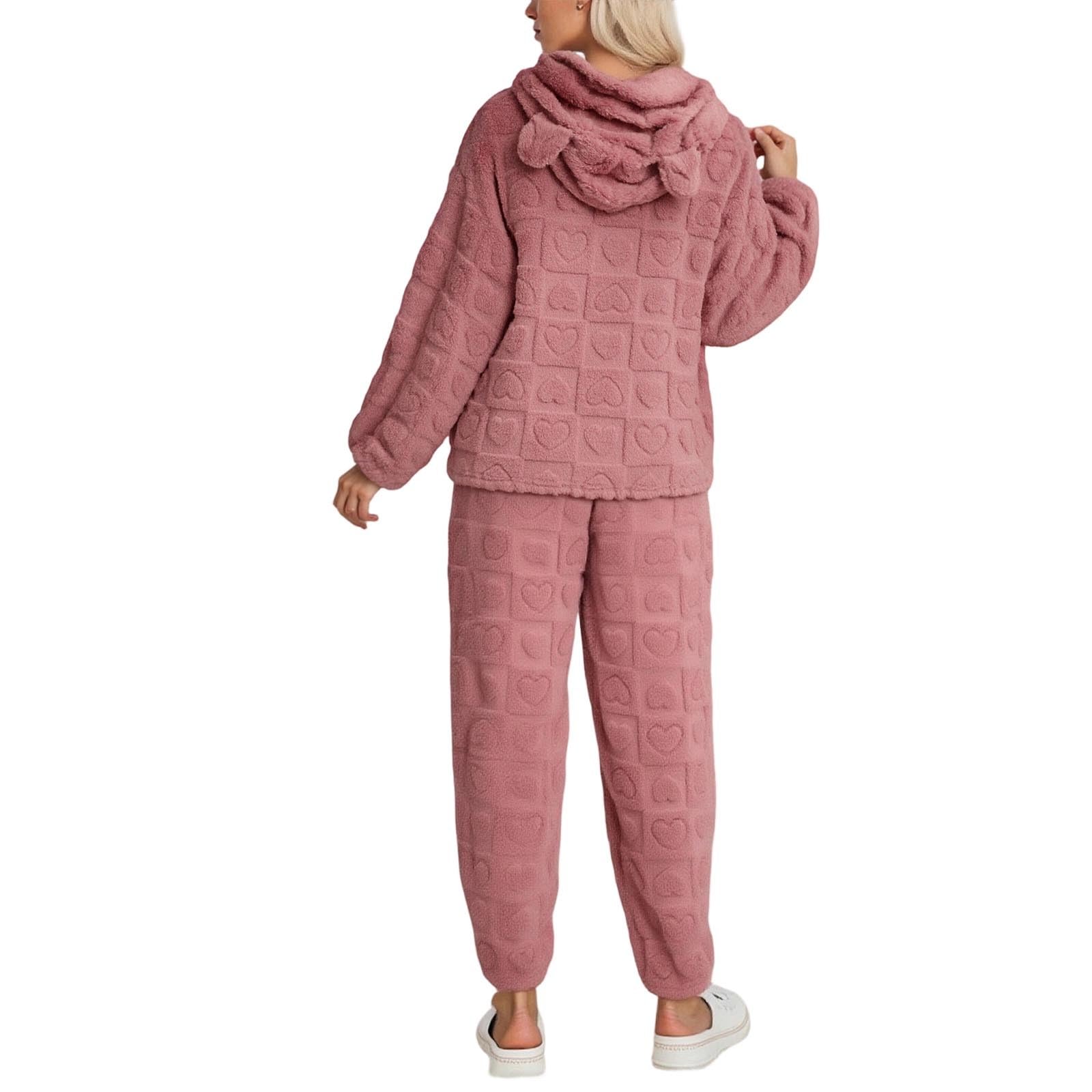 Generisch Pijama largo de franela para mujer, con forro polar, térmico, de manga larga, de rizo, de dos piezas, ropa de dormir cómoda con orejas adorables