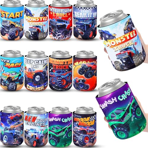 Ninehaoou 24 Count Monster Machine Truck Party Decorations Supplies Monster Truck Theme Can Coolers Sleeves Birthday Party Neoprene Bottle Sleeves for Birthday Decoration