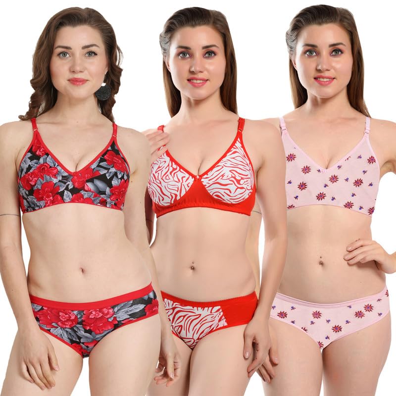 Image of Love Maker Lingerie Set Soft Cotton Bra & Panty Combo of 3 | Women's Innerwear | Women Stylish Cotton Women Bra Panty Set | Women Lingerie for Honeymoon | Fancy Lingerie.